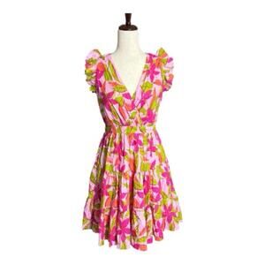 NWT Taylor Vibrant Pink and Green Floral Mini Dress Ruffle Short Sleeves P0312